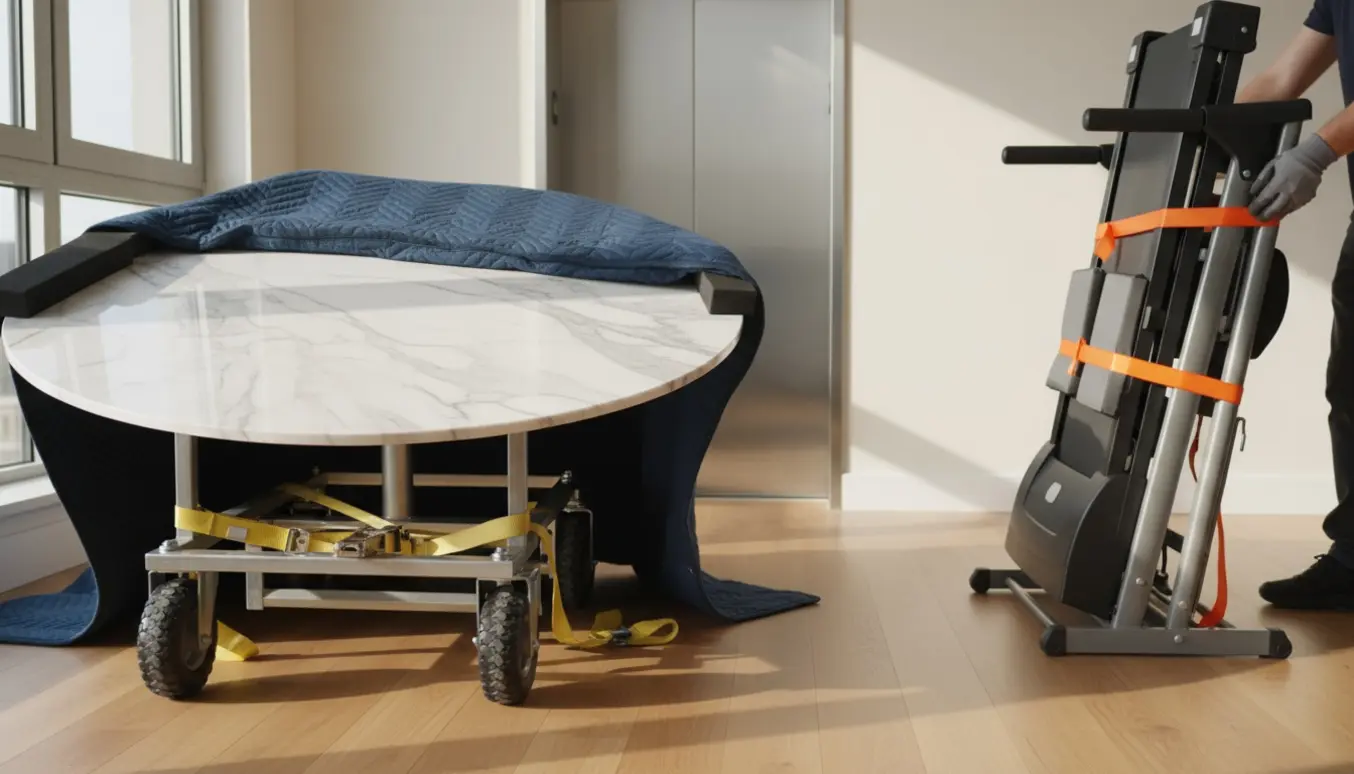 Indpakket marmorbord ved en åben elevator og et sikret løbebånd på trappetransport i en lys opgang uden tydelige ansigter.