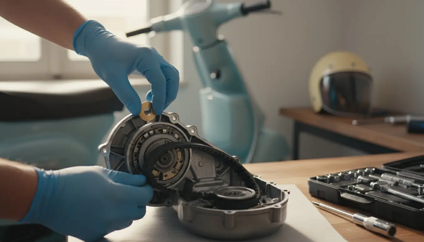 Nærbillede af hænder, der monterer en begrænser i knallertens transmission for at reducere topfarten.