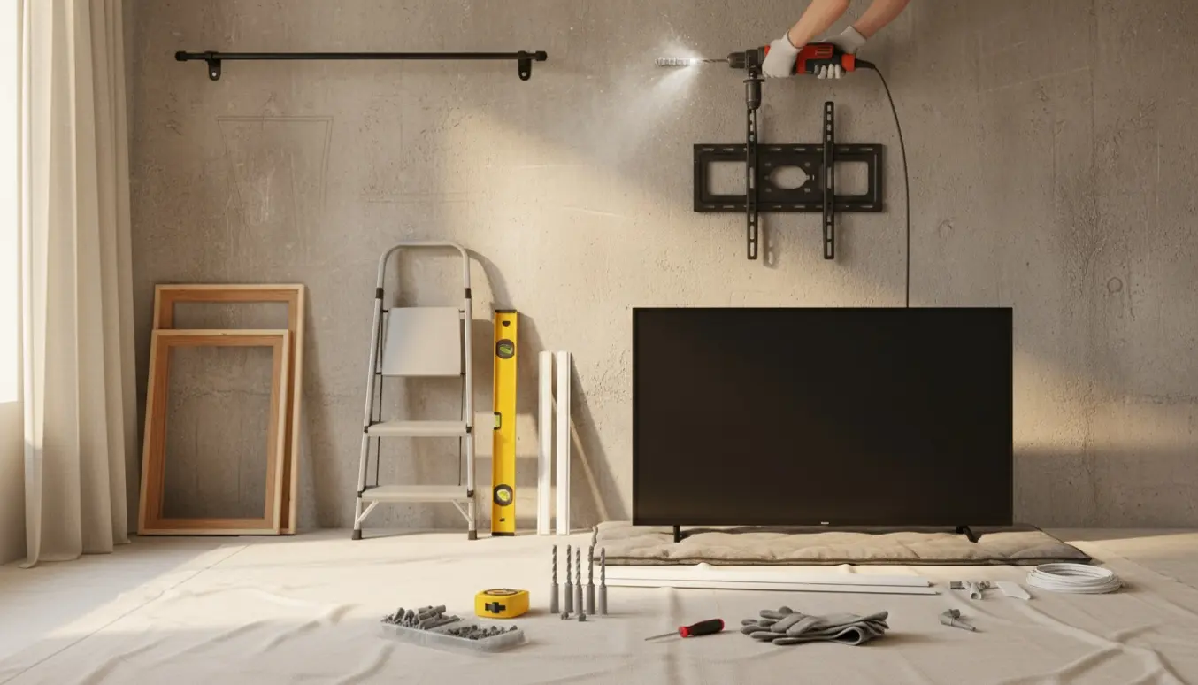 Nærbillede af montering af gardinstang og fladskærms-tv på en rå betonvæg med værktøj og materialer.