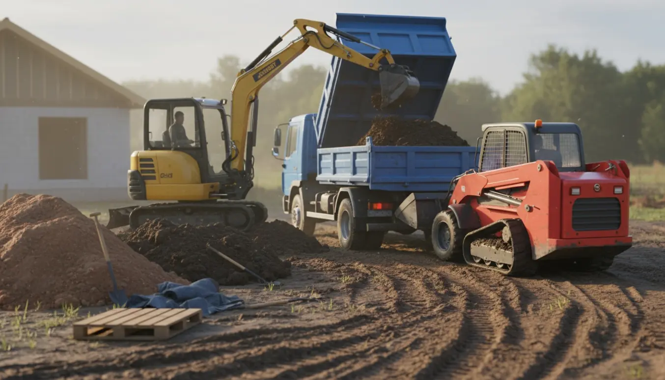 Tippertruck bliver læsset med udgravet jord ved en byggeplads i blødt morgenlys.