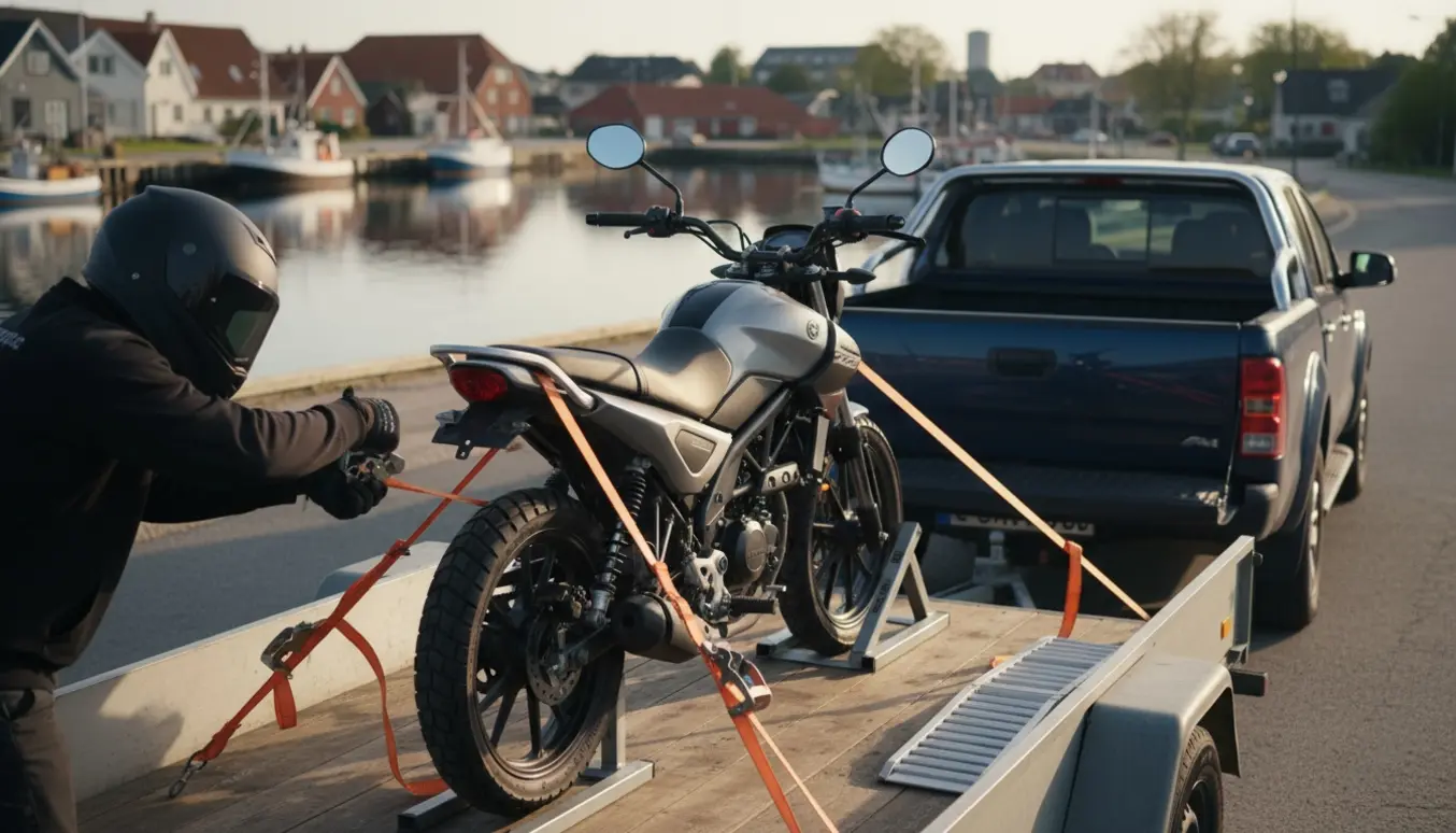 Lille motorcykel sikret på en trailer ved en rampe ved en havnekaj, klar til transport fra Nakskov til Rødovre.