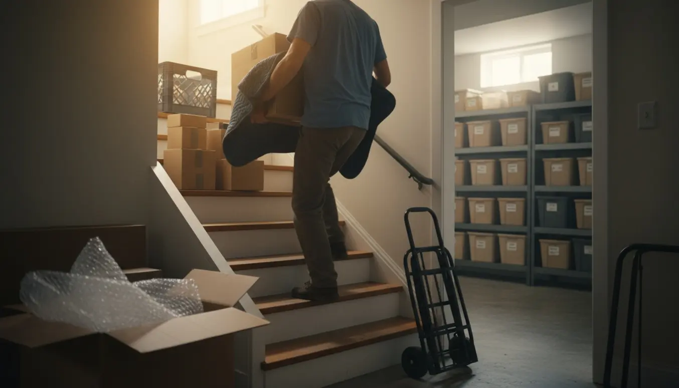 Person bærer en kasse ned ad køkkentrappe mod et åbent kælderrum med opbevaringshylder.