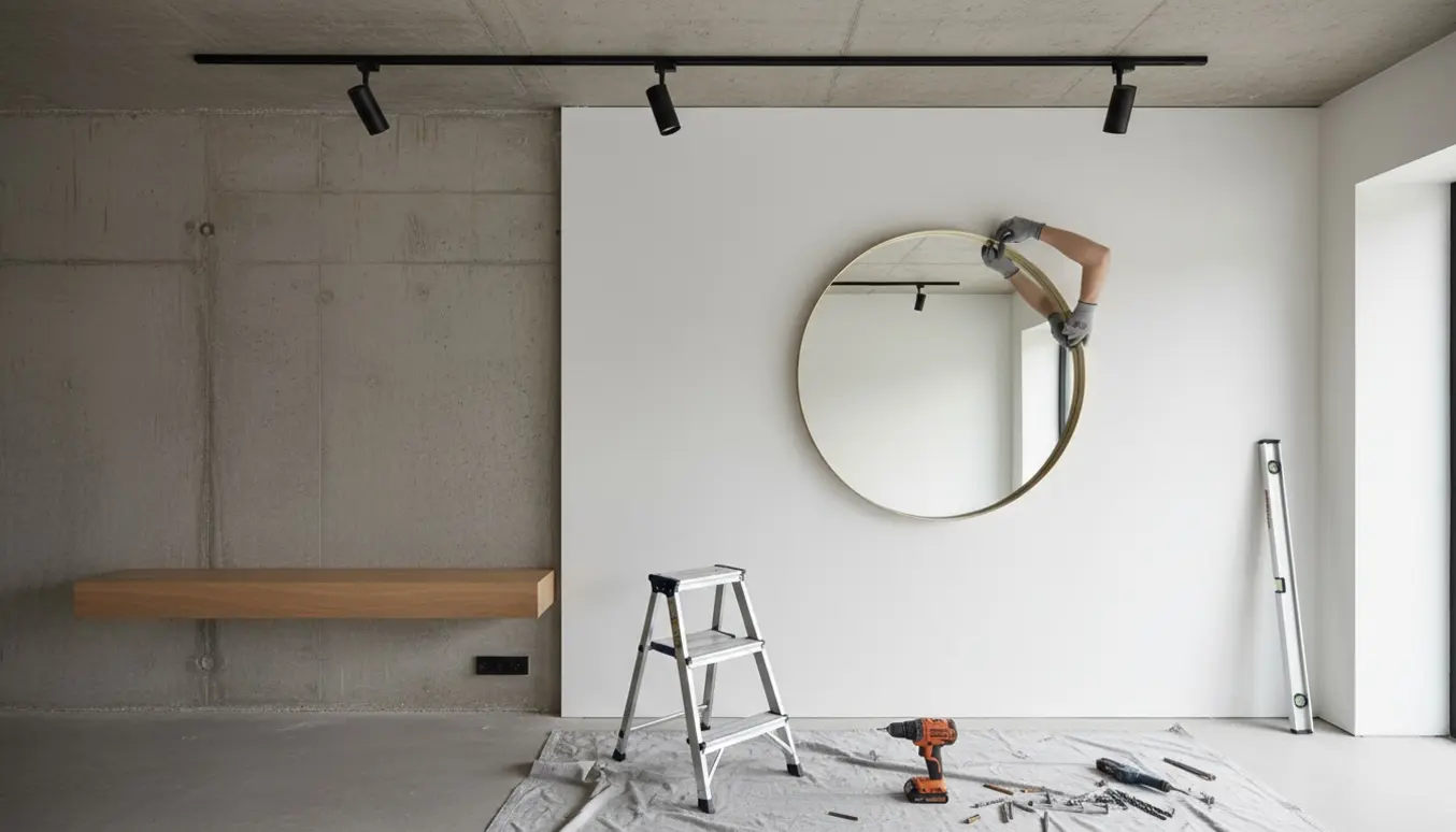 Stort rundt spejl ophængt på gipsvæg ved en træhylde på betonvæg og to lamper på en skinne i betonloftet.
