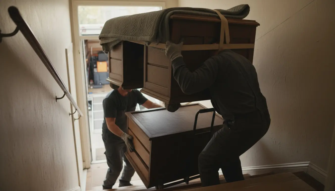 To personer bærer tunge, gamle skrivebordsdele ned ad en trappe mod en flyttevogn.