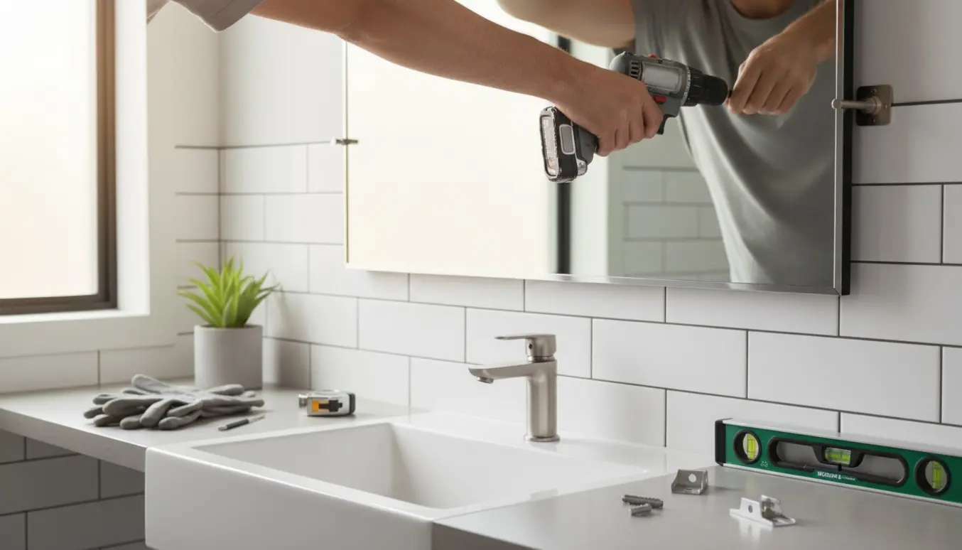 Hænder placerer et tungt rektangulært spejl over vasken i et moderne badeværelse med værktøj på bordet.