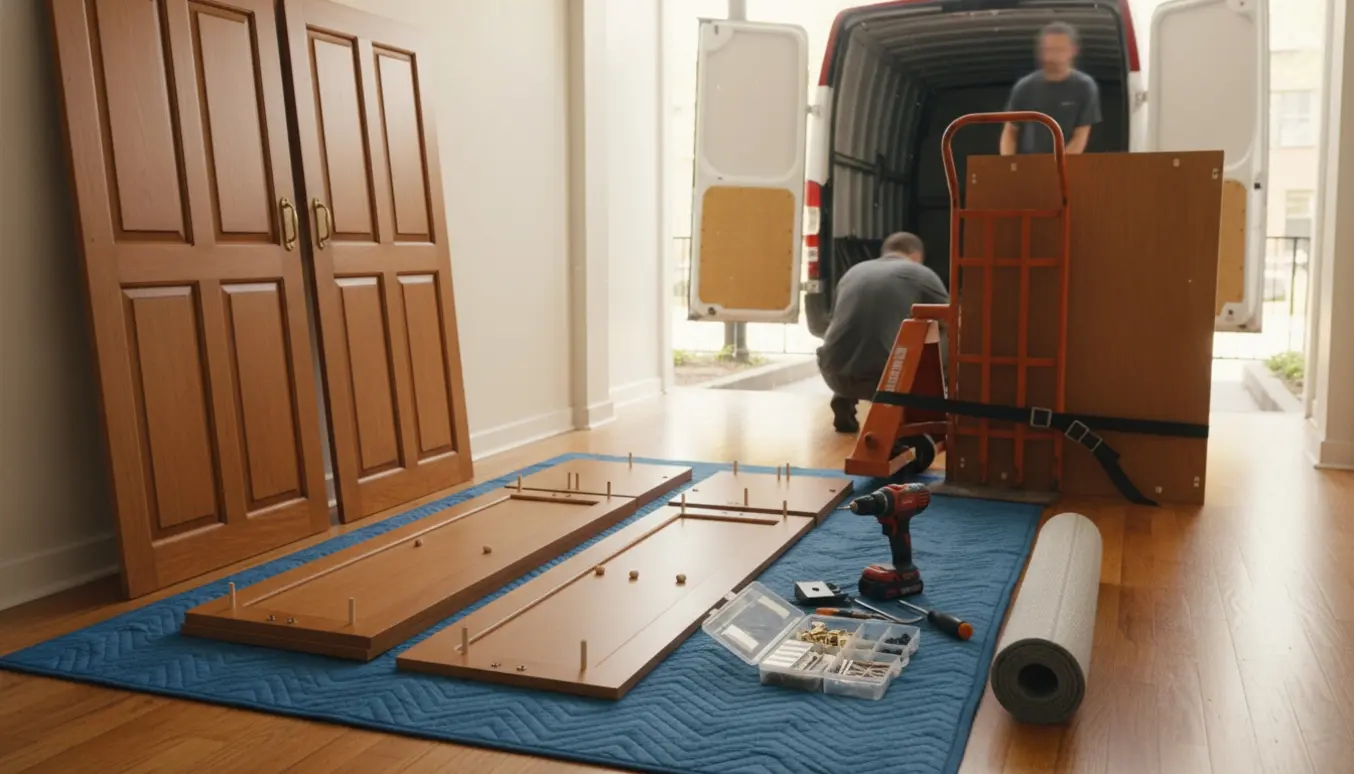 Delvist skillt høj bogreol med døre og plader klar til transport ved en åben flyttevogn.