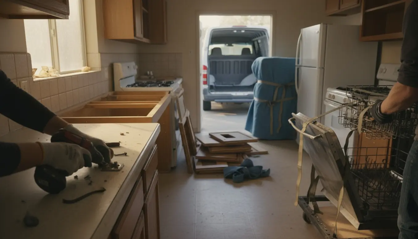 Anonyme arbejdere afmonterer et gammelt køkken og laster hvidevarer i en åben varevogn.