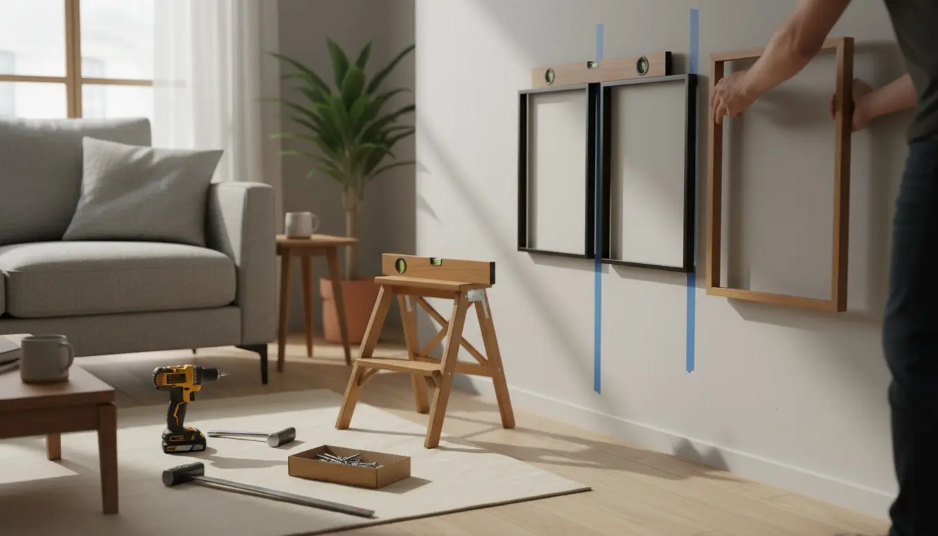 Tre billeder hænges op på en neutral væg med måleværktøj og stige i et lyst stuehjørne.