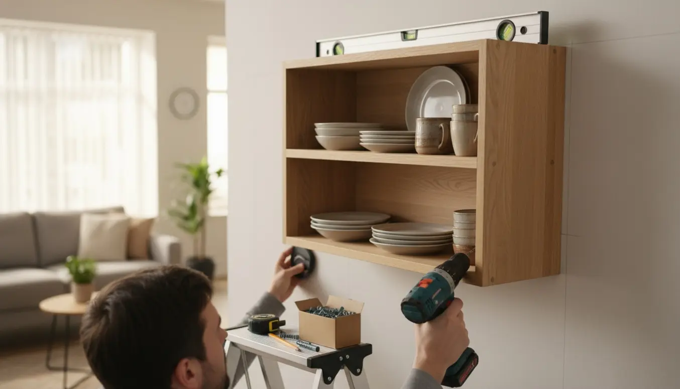 Hænder monterer et vitrineskab på en gipsvæg med værktøj og porcelæn på hylderne.