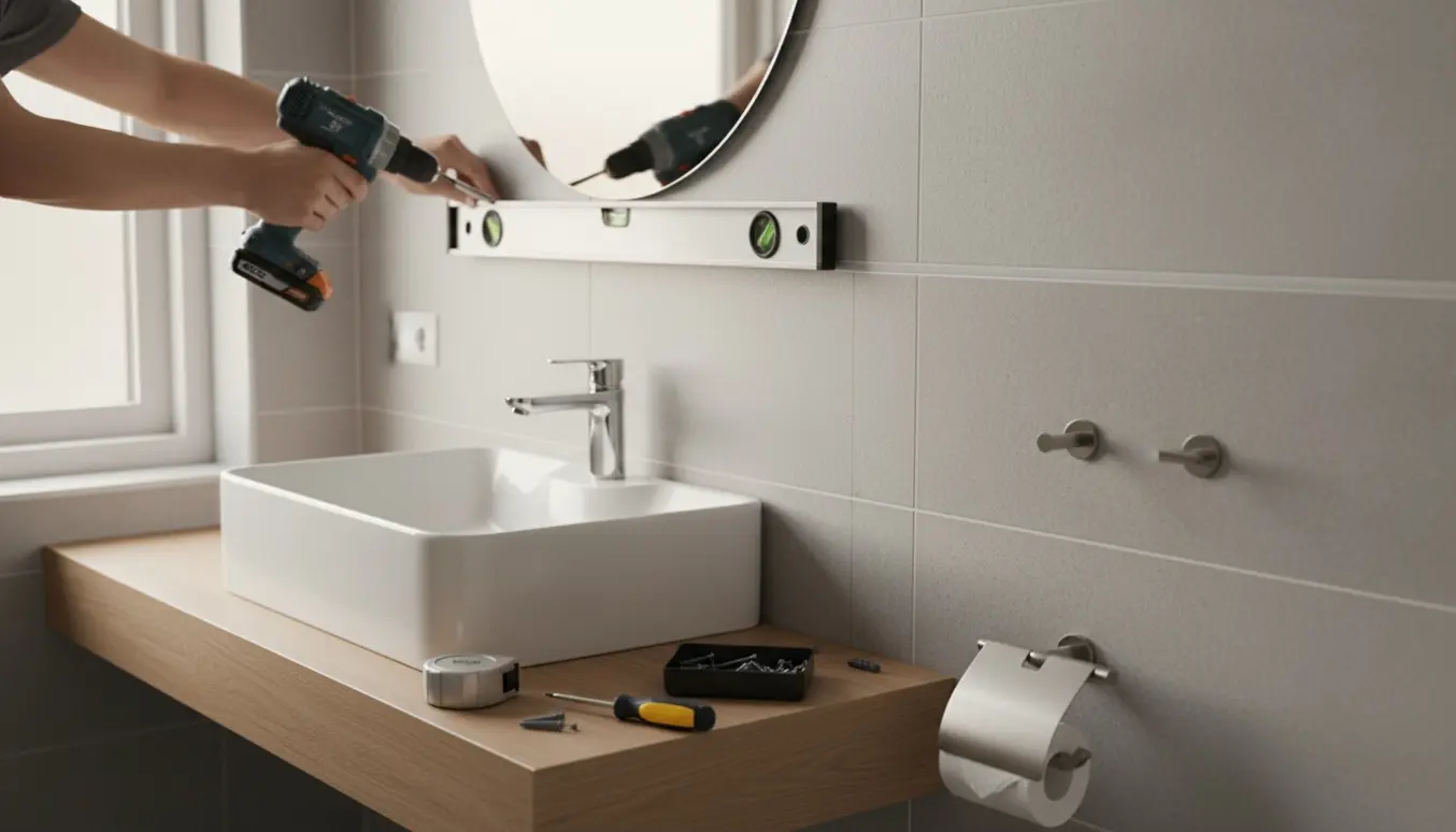 Hænder hænger et spejl og en hylde op i et lyst, moderne badeværelse med værktøj på bordet.