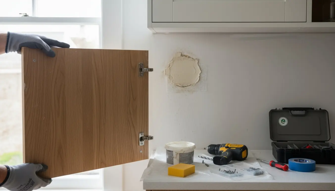 Ny skabslåge monteres, mens hul i væggen pudses og repareres i et lyst køkken.