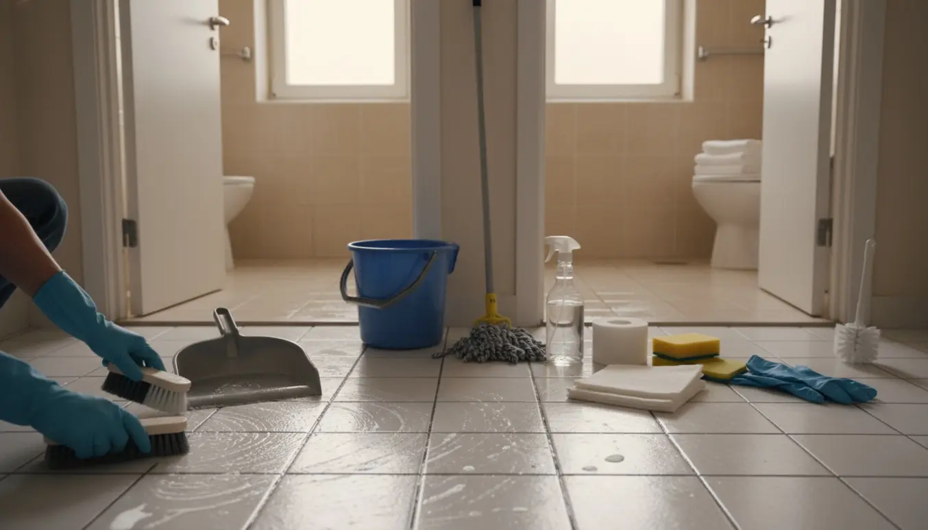 Rengøring af to små toiletter med handsker, moppe og desinfektionsmidler, hvor snavs fjernes fra flisegulvet.