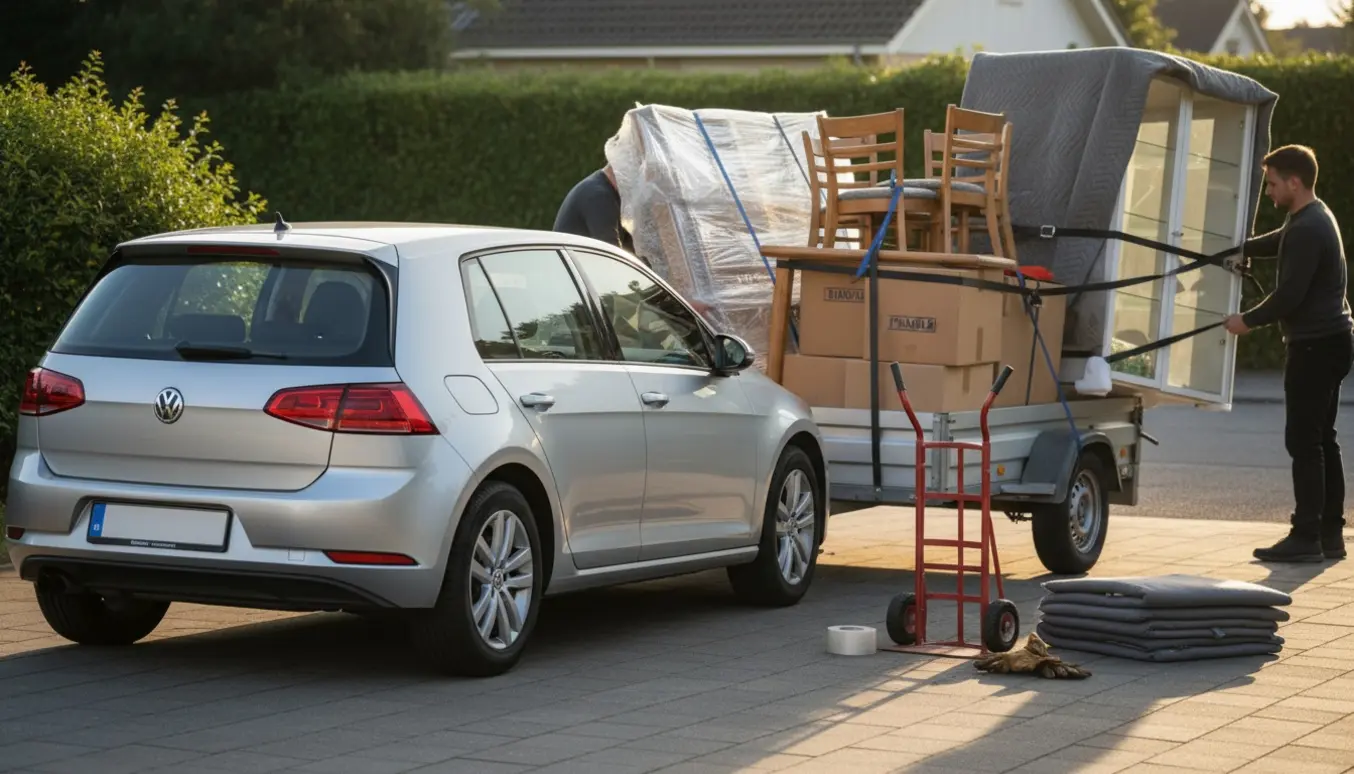 Bil med anhænger lastet med flyttekasser, bordplade, fire stole og et indpakket vitrineskab på indkørsel.