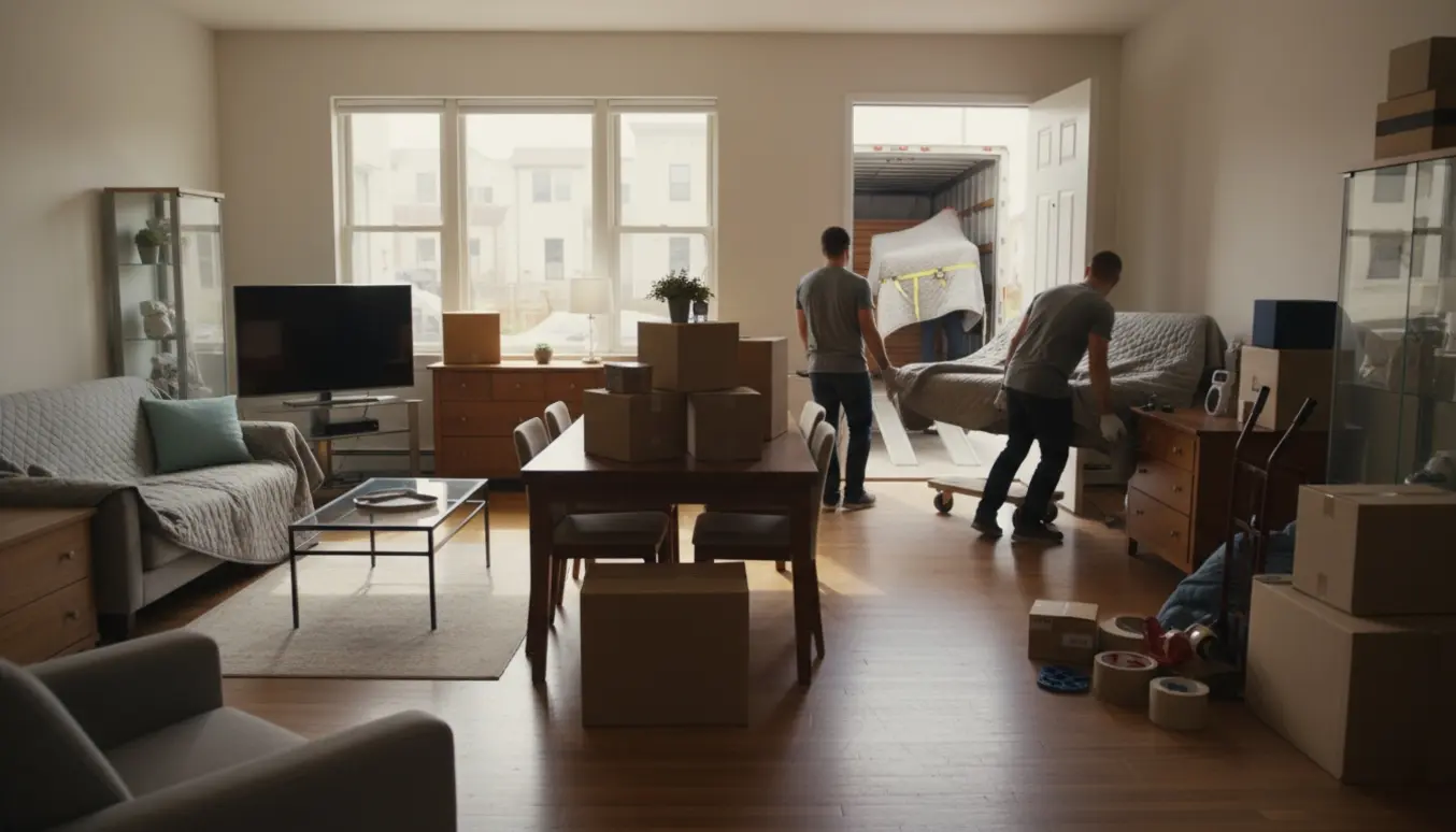 Soloplyst flytning af møbler med sofaer, dobbeltseng, kommoder og et indpakket klaver på vej ind i en flyttevogn.