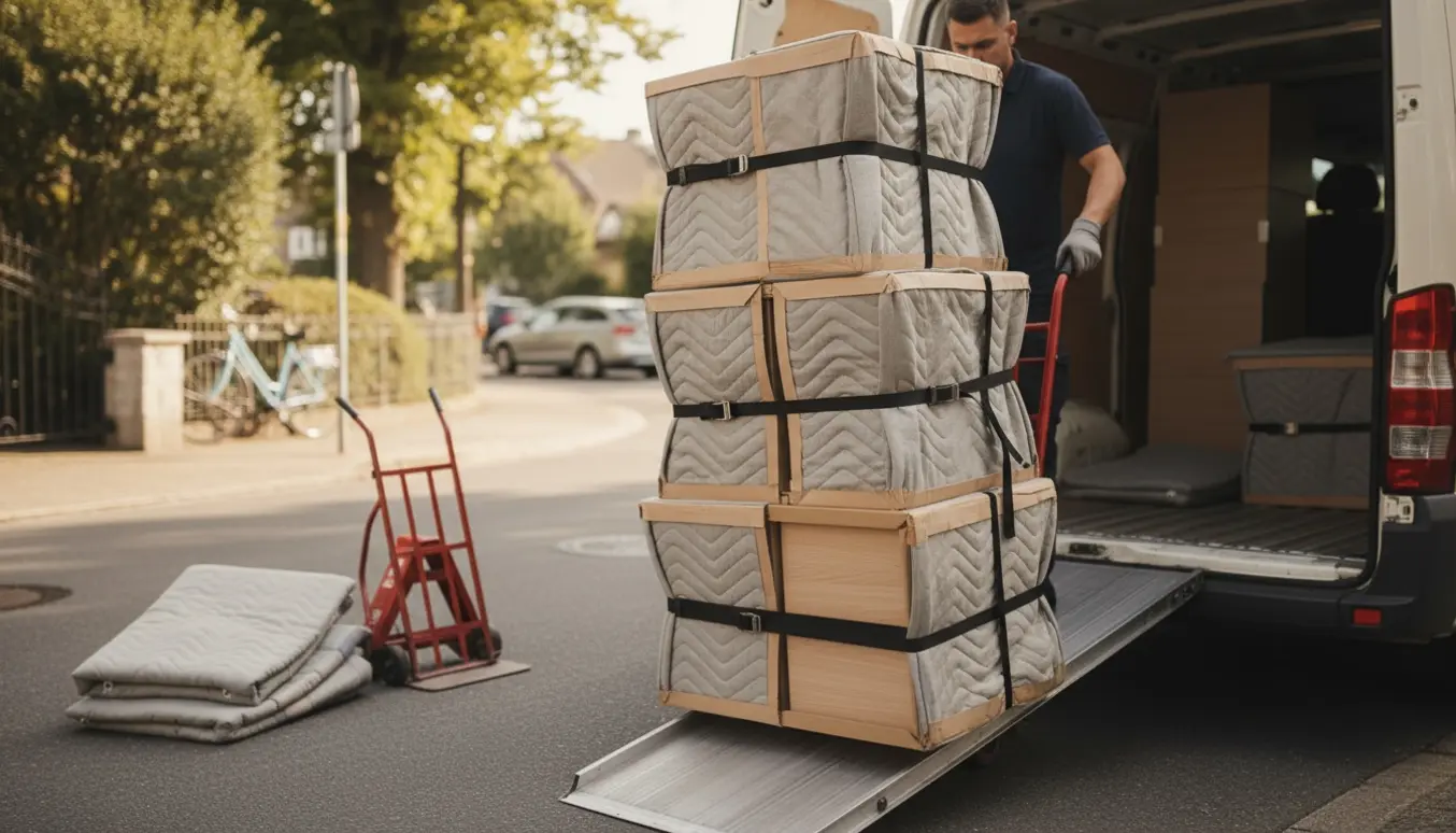 To personer læsser fire indpakkede 79x79 opbevaringskasser ind i en varevogn ved afhentning.