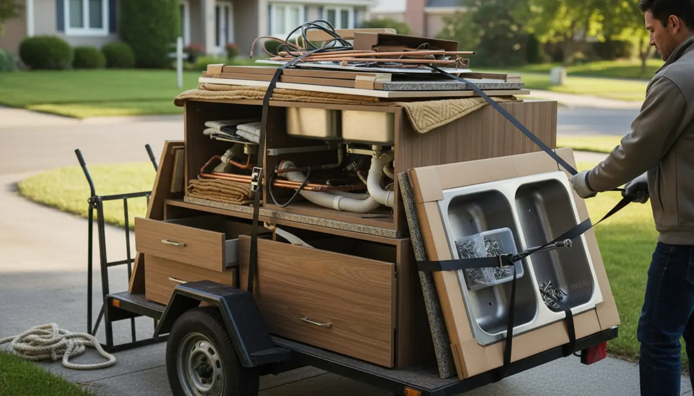 Et nedbrudt køkken stablet på en trailer og fastgjort med stropper, klar til afhentning.