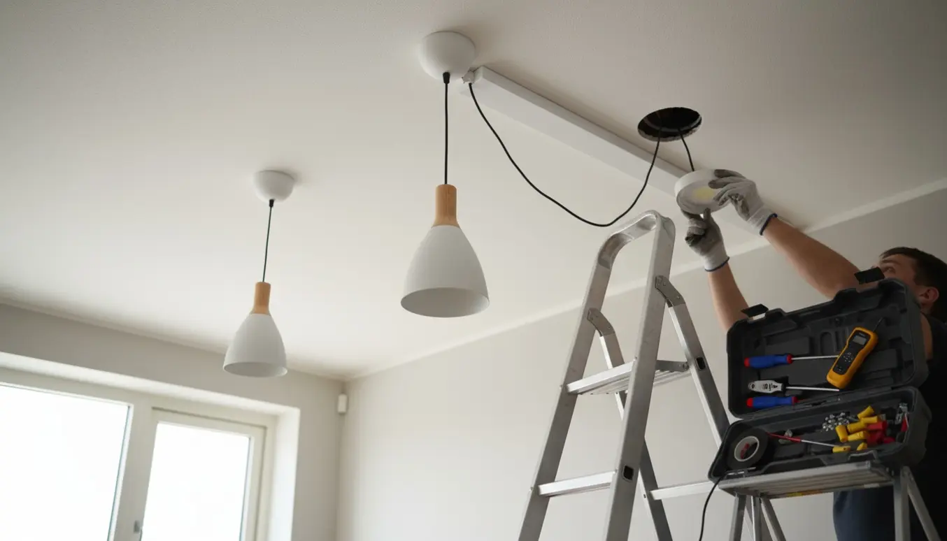 Hænder monterer tre lamper i et hvidt loft, én med kabelskinne, mens et LED-spot udskiftes.