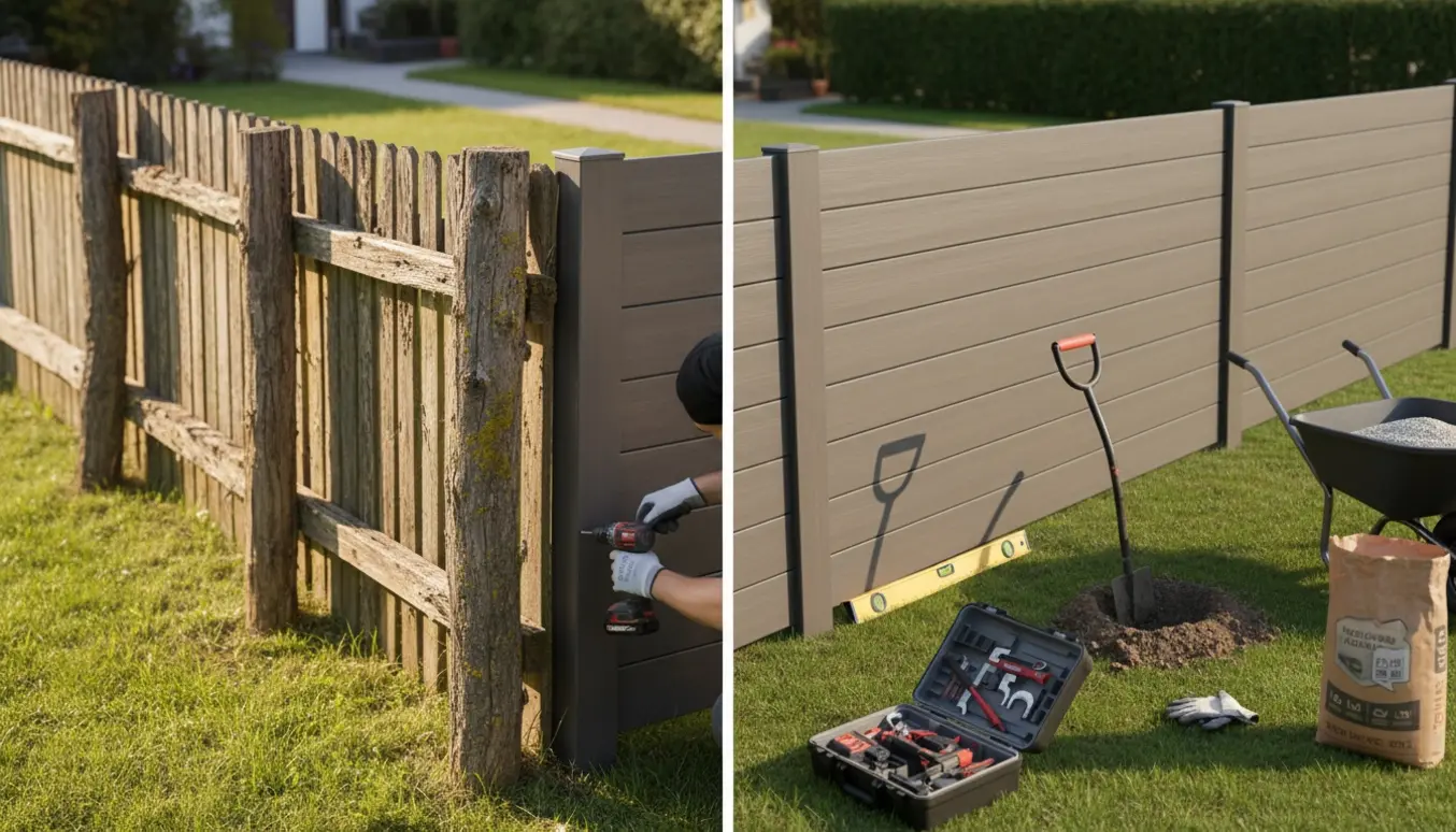 Udskiftning af et gammelt træhegn ved hjørnet af en have med nyt komposithegn og værktøj i forgrunden.
