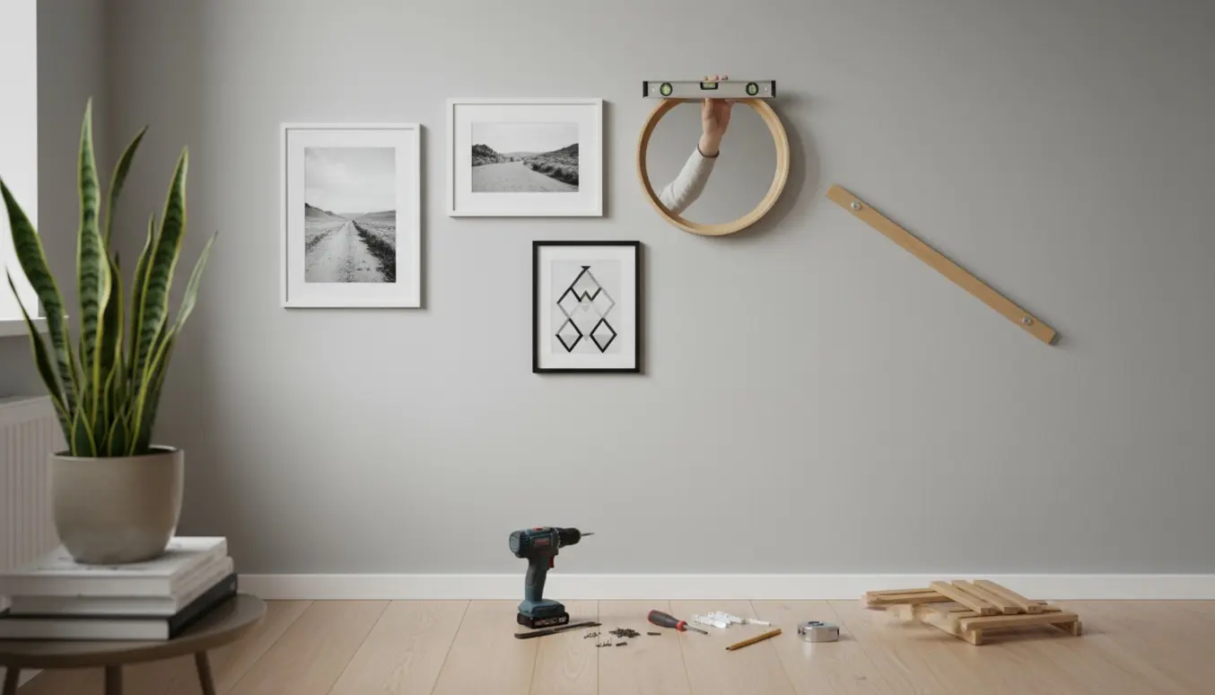 Hænder hænger et lille spejl, to indrammede billeder og en knagerække op på en lys væg med værktøj ved siden af.