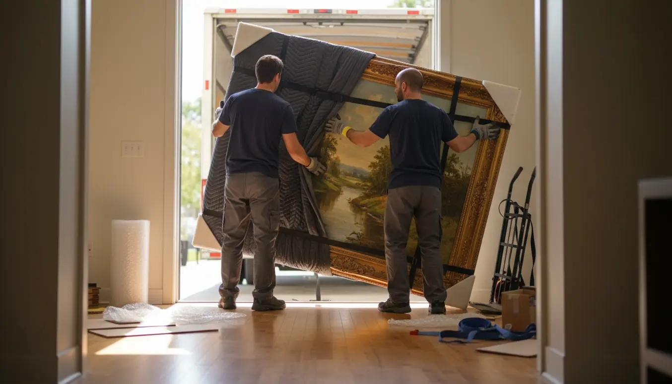 To flyttefolk bærer et stort indrammet maleri gennem en dør, pakket med tæpper og hjørnebeskyttere.