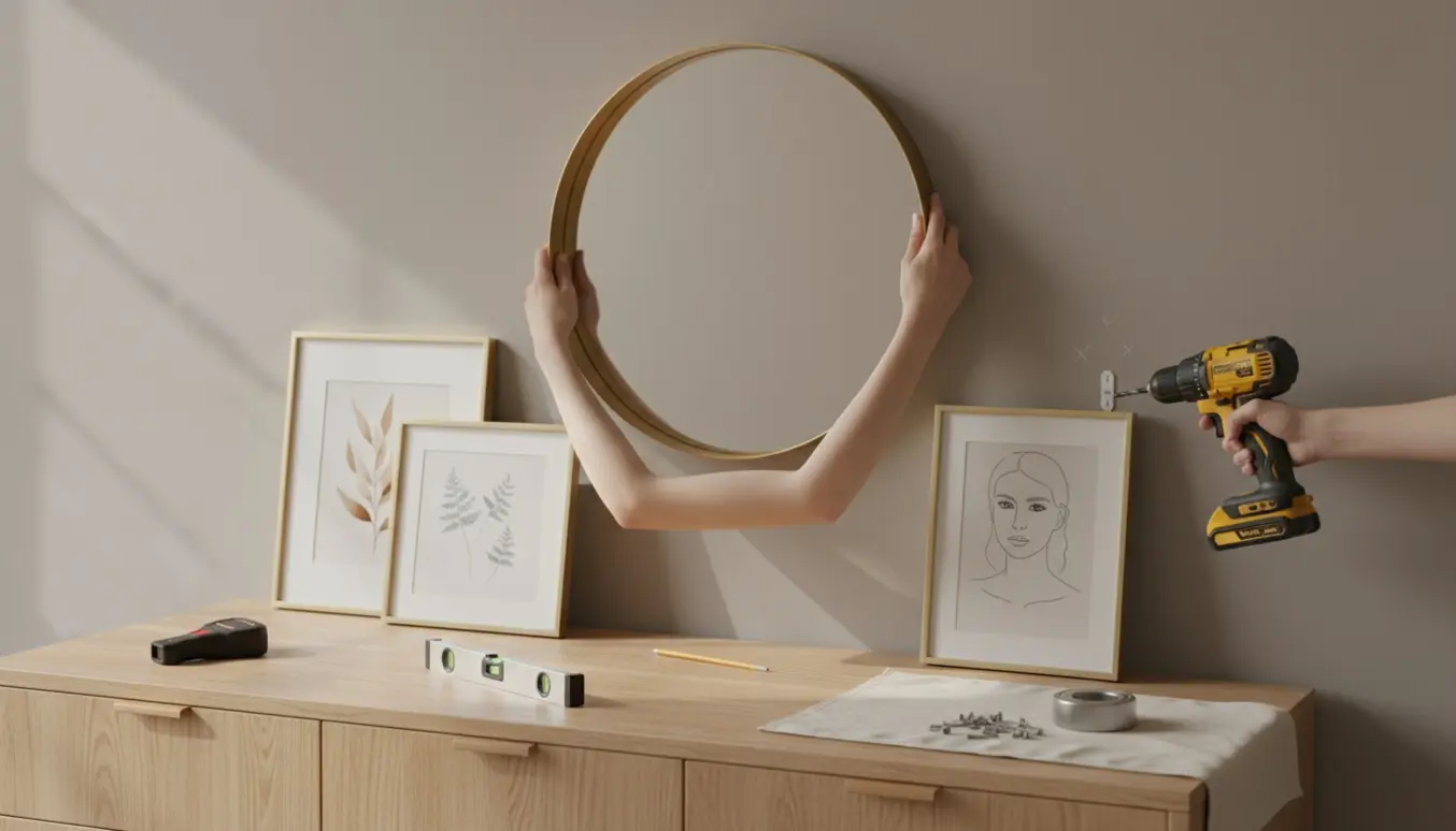 Hænder hænger et makeup-spejl og tre billedrammer op over et træ-makeupbord i blødt dagslys.