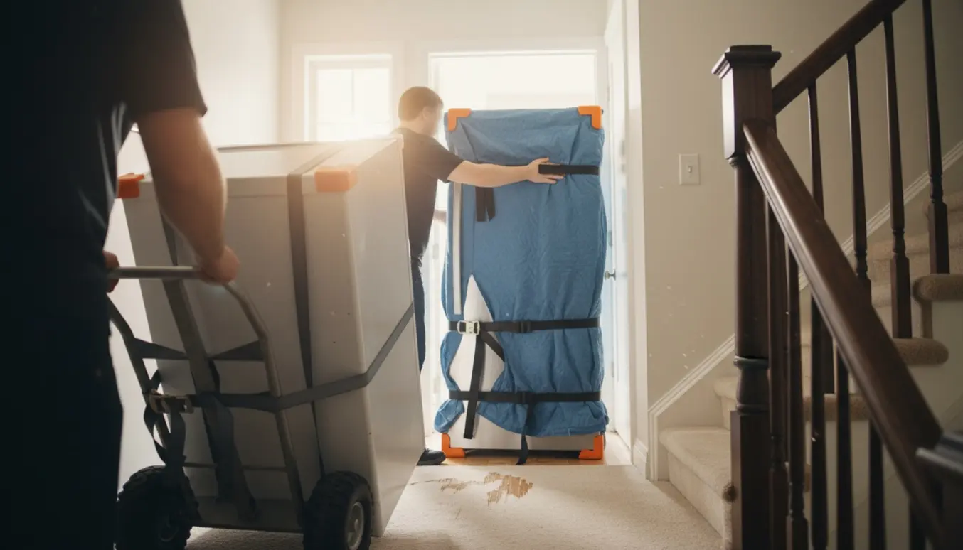 To flyttemænd flytter et nyt køleskab op ad en solbelyst trappe, mens det gamle køleskab er på en dolly på vej ned.