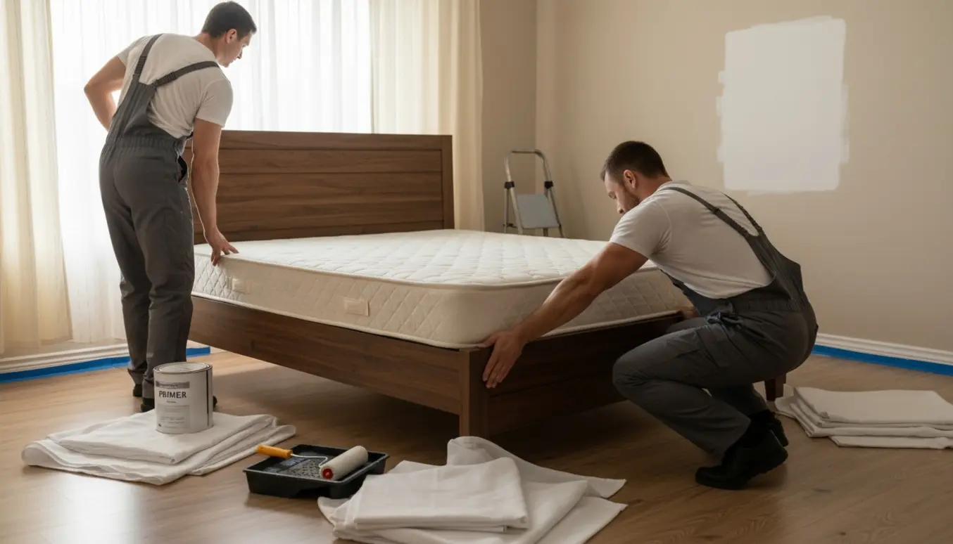 To mænd skubber en dobbeltseng væk fra væggen i et lyst soveværelse, klar til at blive malet.