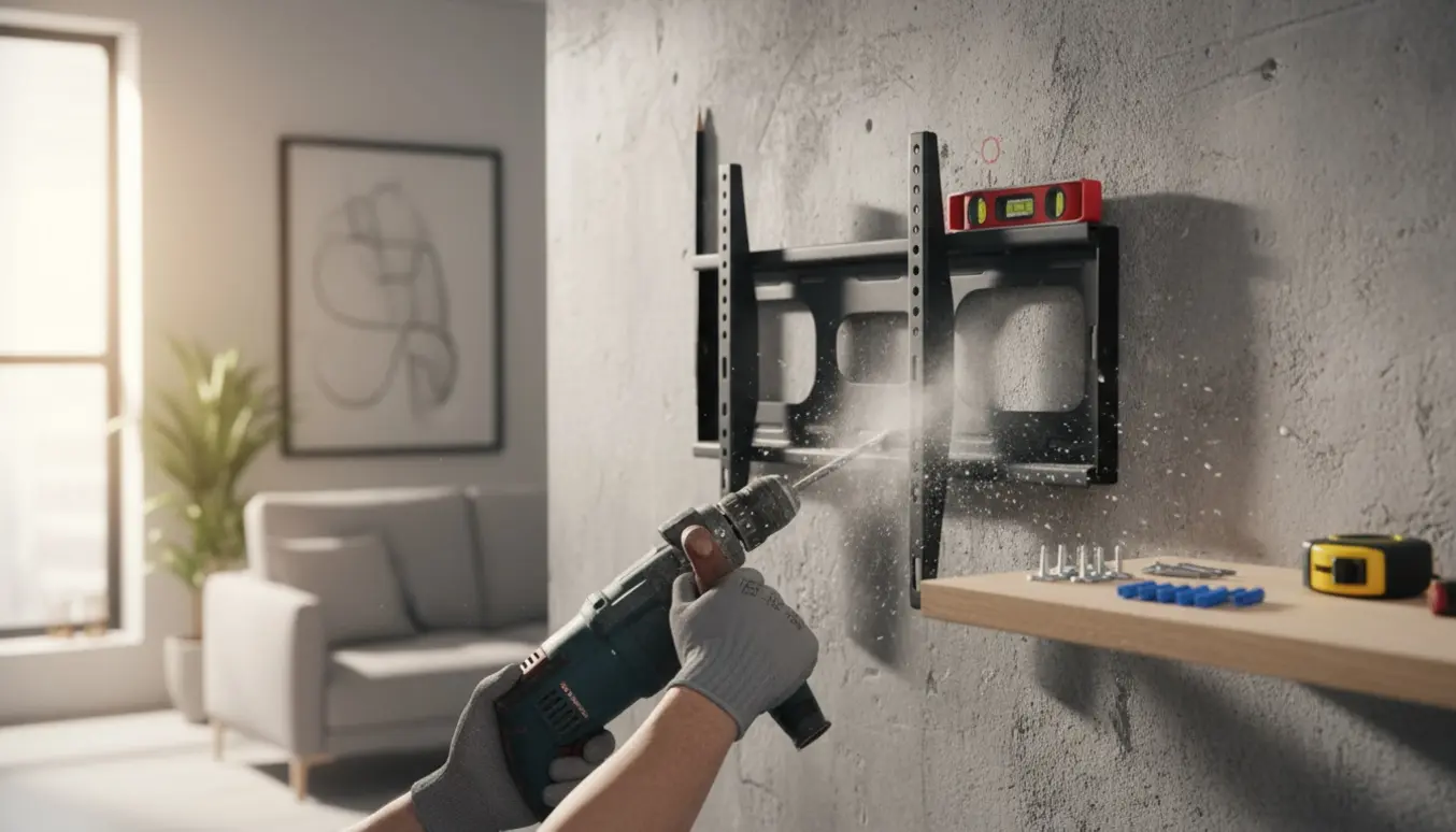 Hænder monterer et metal-tv-beslag på en betonvæg med værktøj og fint betonstøv i et lyst rum.