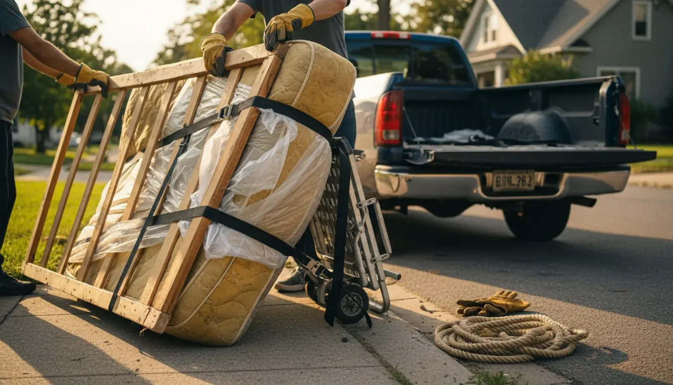 Gammel seng og madras ved fortovet klar til storskrald med flyttekærre og arbejdshandsker.