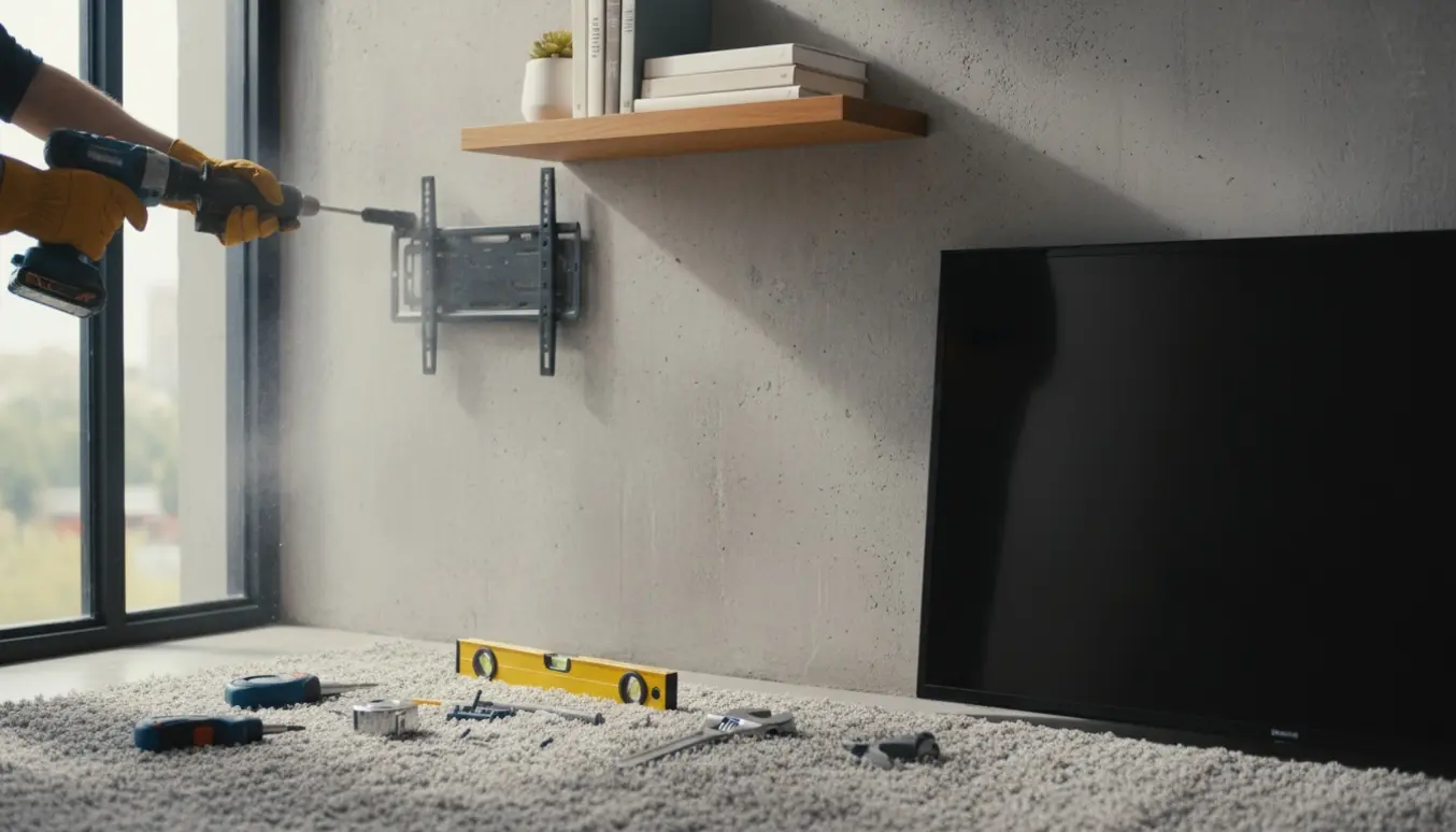 Montage af hylde og TVbeslag på en betonvæg med boremaskine og værktøj i fokus.