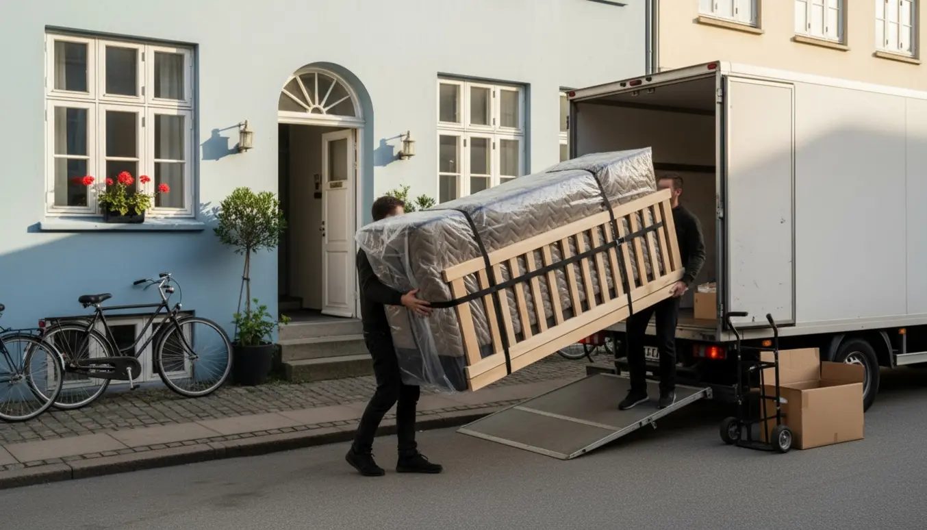 To flyttemænd bærer en 180x200 madras og sengeramme ud til en flyttebil på en københavnsk gade.