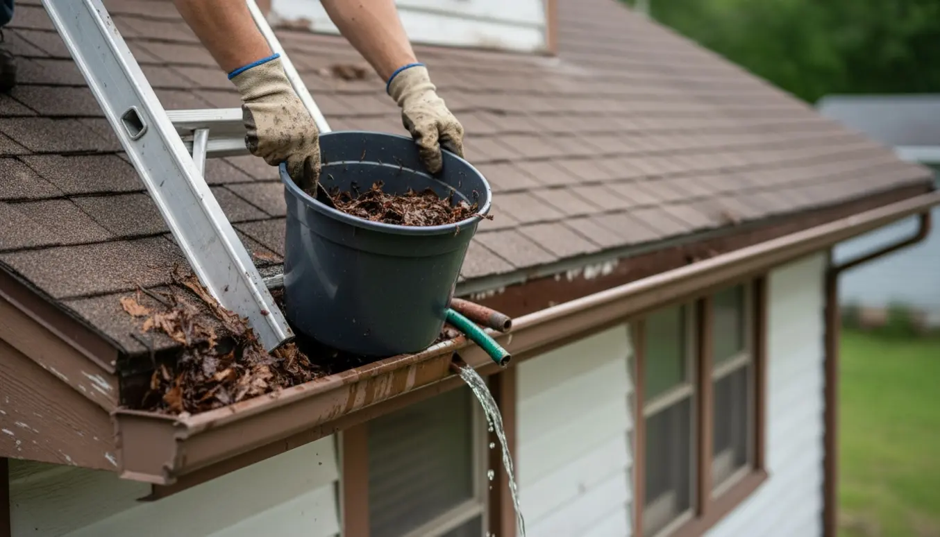 En person rengør tagrenden på et enfamiliehus med stige, handsker, spand og haveslange.