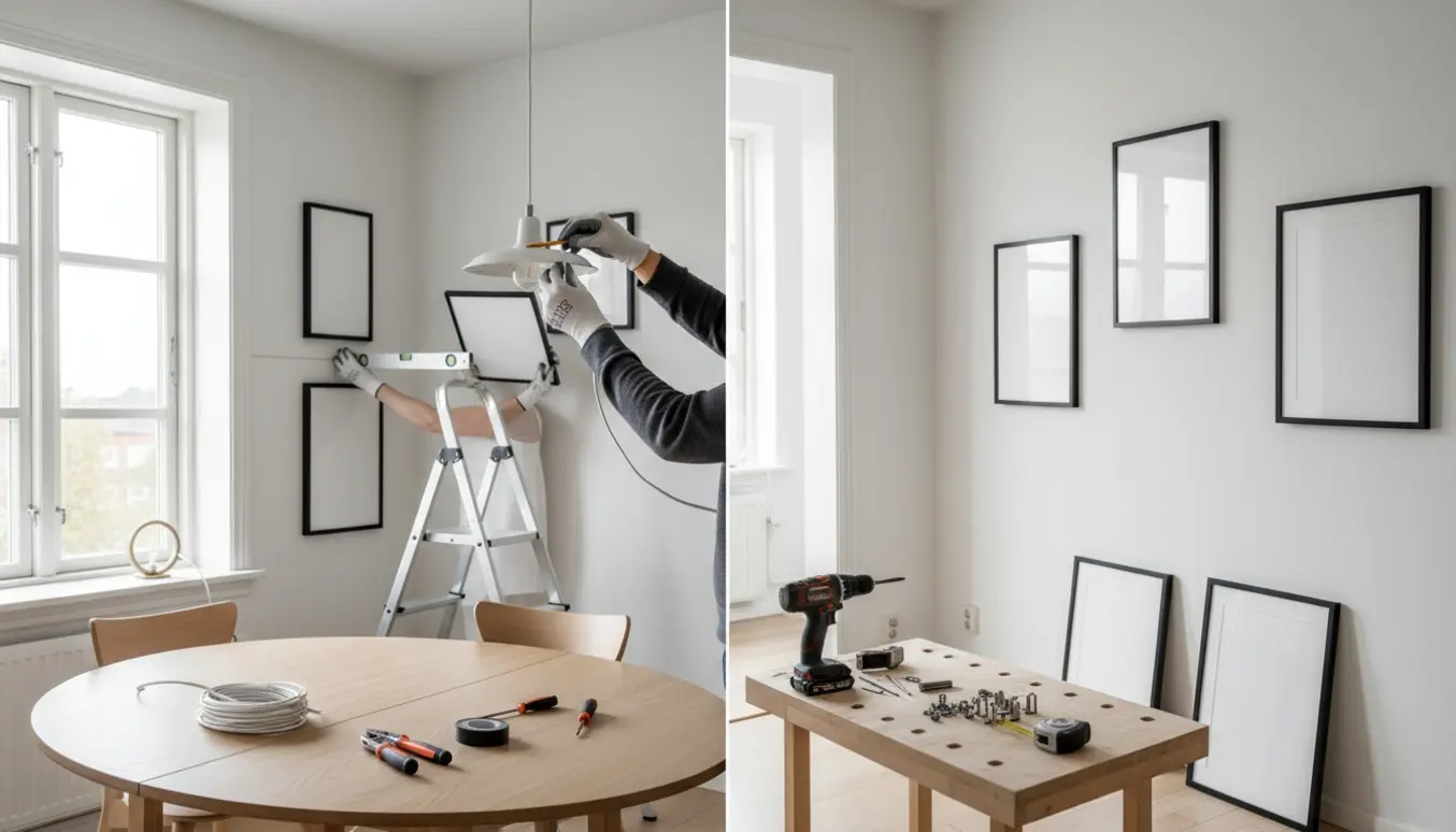 Hænder forbinder en loftslampe over spisebordet og hænger billedrammer op på gipsvæg i en lys lejlighed.