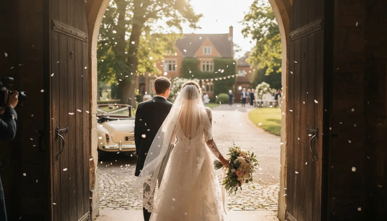 Brudepar træder ud af en kirke i solskin med konfetti, og et receptionssted ses svagt i baggrunden.