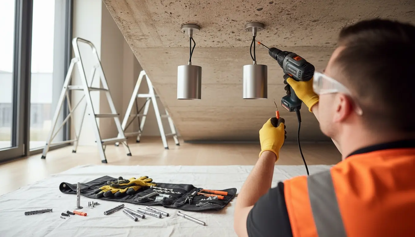 To lamper monteres i et råt betonloft med stige og værktøj i forgrunden.