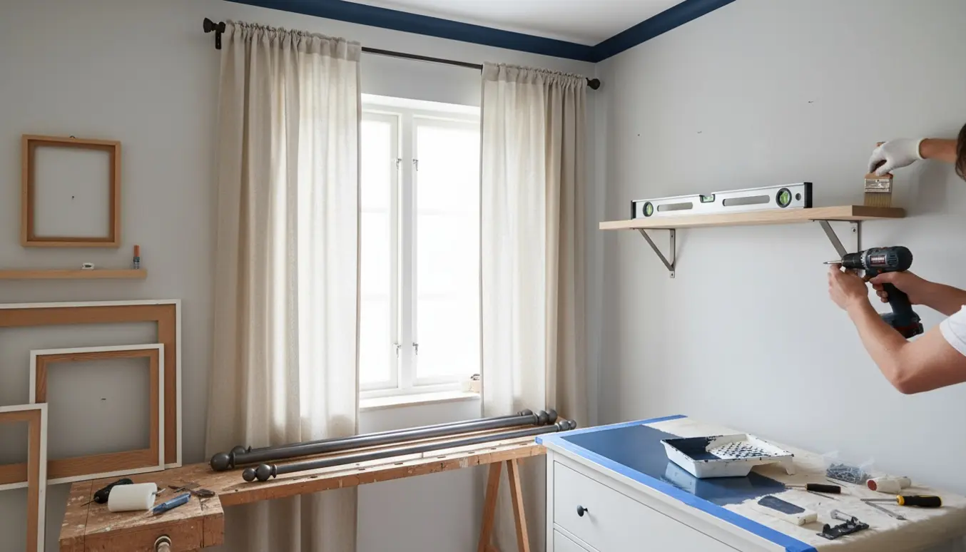 Hænder monterer en hylde og gardinstang, mens malerudstyr og en delvist malet kommode står klar.
