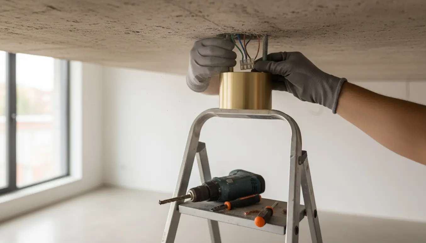 Nærbillede af hænder på en stige, der tilslutter en loftslampe til et betonloft med værktøj og forankringer.