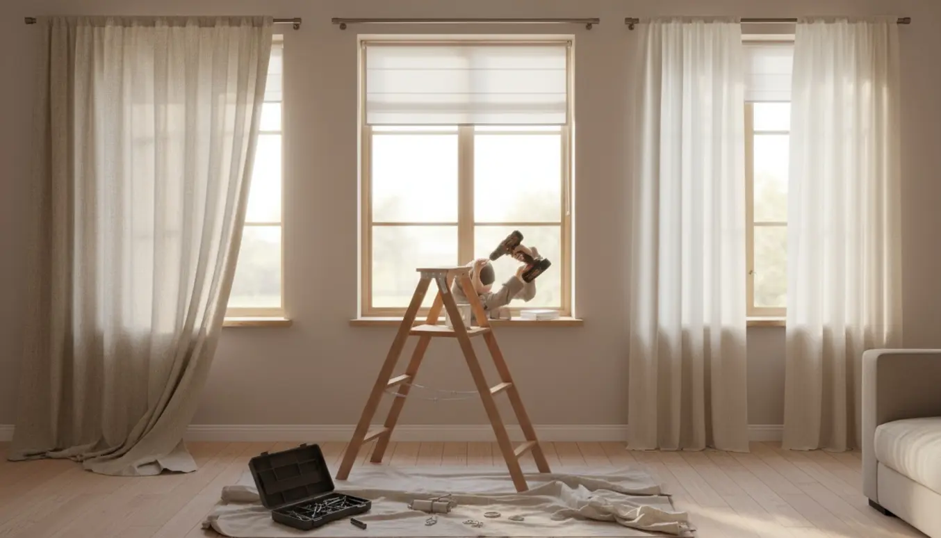 Hånd monterer gardin- og rullegardinsbeslag ved tre vinduer i et lyst, skandinavisk rum.