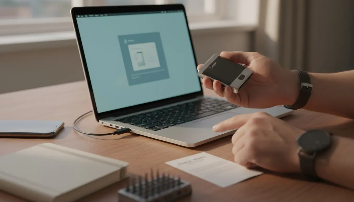 Nærbillede af hænder, der tilslutter en Ledger Nano S til en MacBook Air i et hjemmekontor.