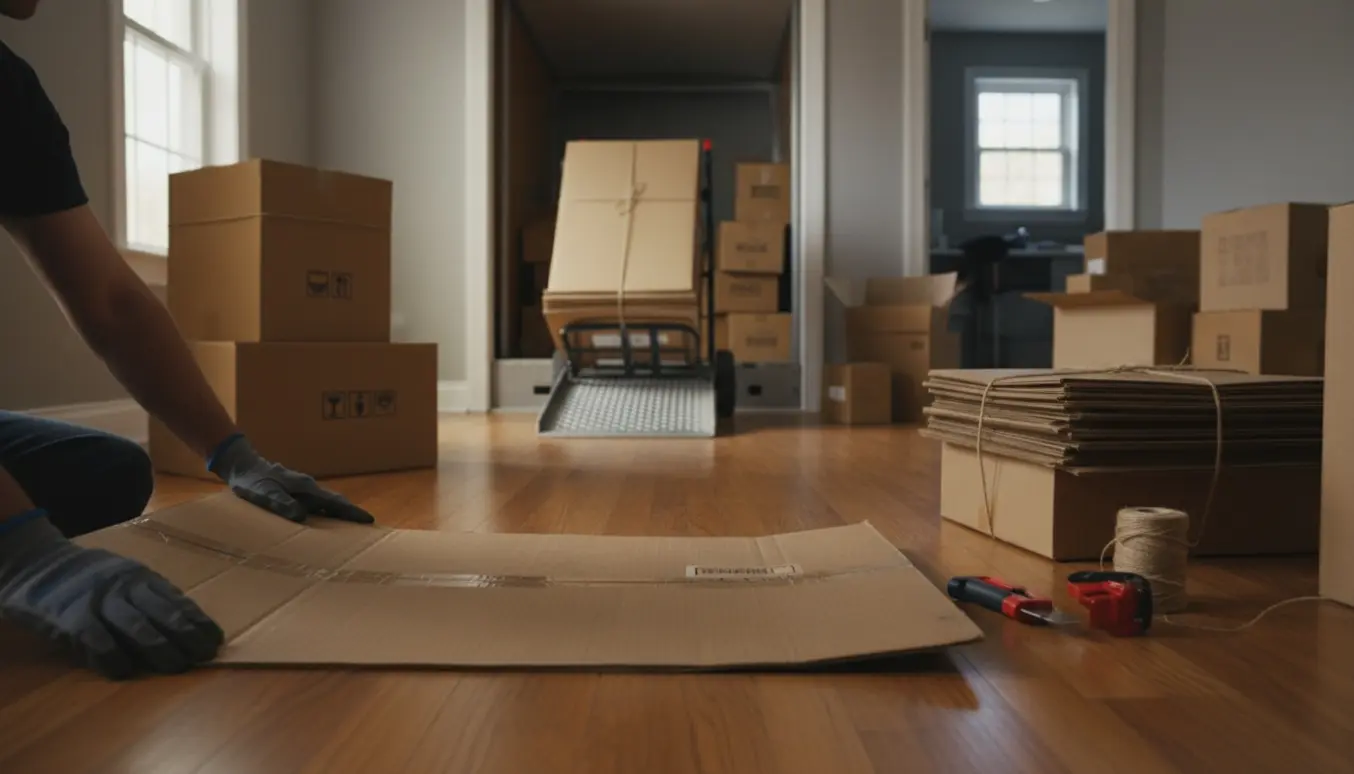 Hænder folder papkasser fladt i en lys stue med stabler af pap og en åben flyttevogn udenfor.