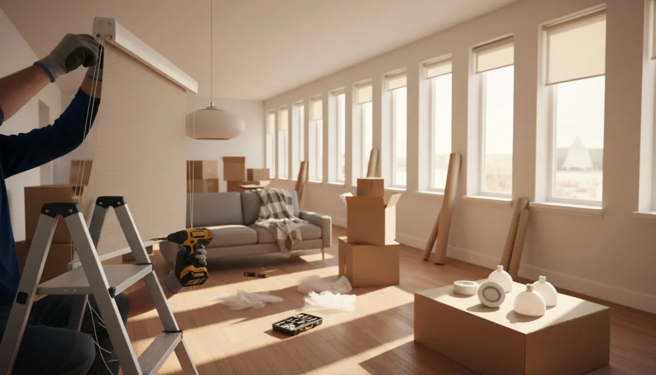 Hænder på en stige tager rullegardiner og en lampe ned i en lejlighed under flytning.