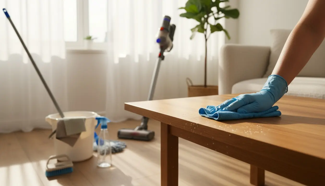 Hænder tørrer et træbord af med en mikrofiberklud i en solbeskinnet stue med rengøringsudstyr i baggrunden.