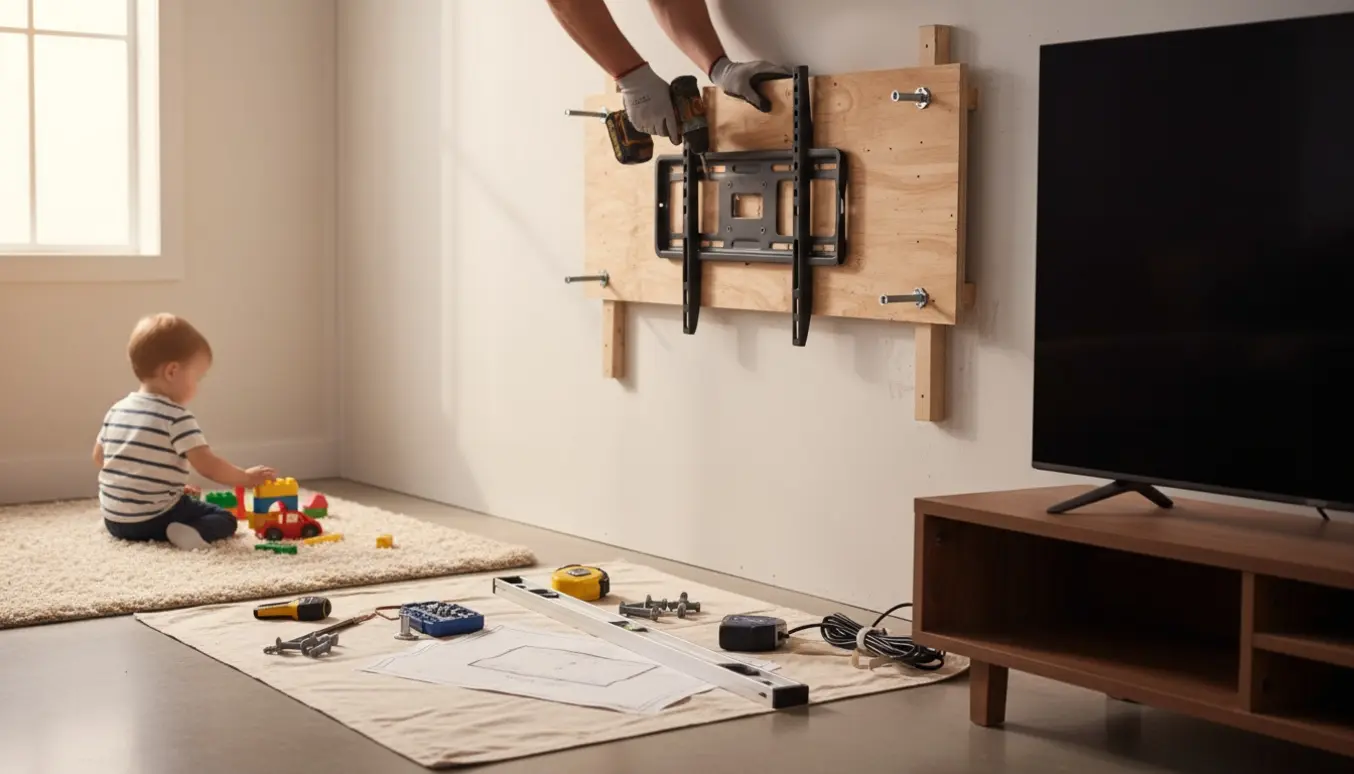 Et stort TV hænges sikkert op på en forstærket gipsvæg, mens et lille barn leger i baggrunden.