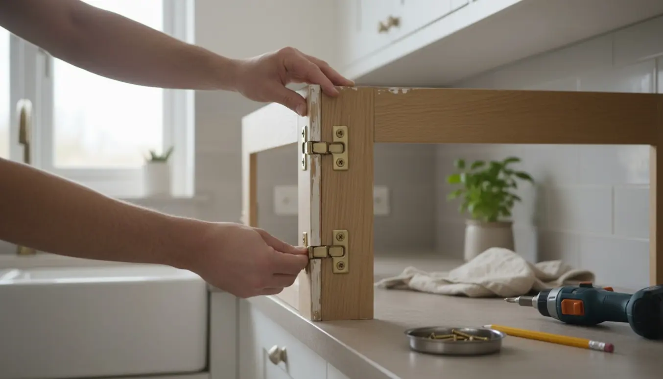 Hænder monterer en køkkenlåge med hængsler og skruetrækker i et lyst, moderne køkken.