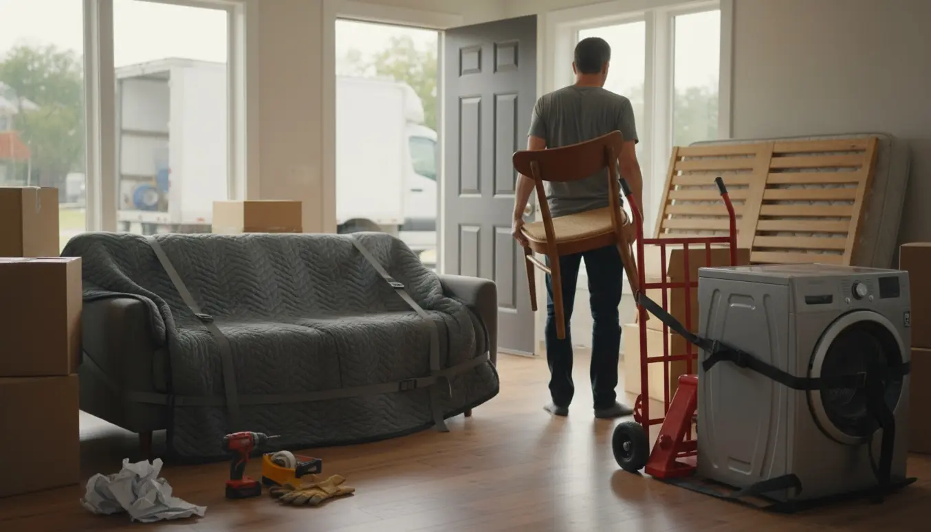 Flyttefolk pakker og bærer sofa, vaskemaskine og møbler i en solbeskinnet stue.
