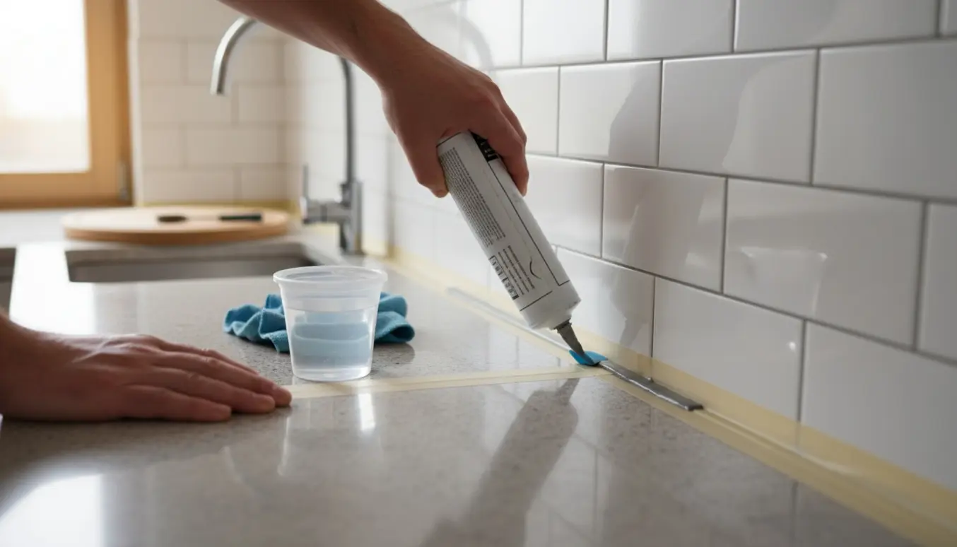 Nærbillede af hænder der lægger en pæn grå gummifuge mellem køkkenbordplade og fliser.