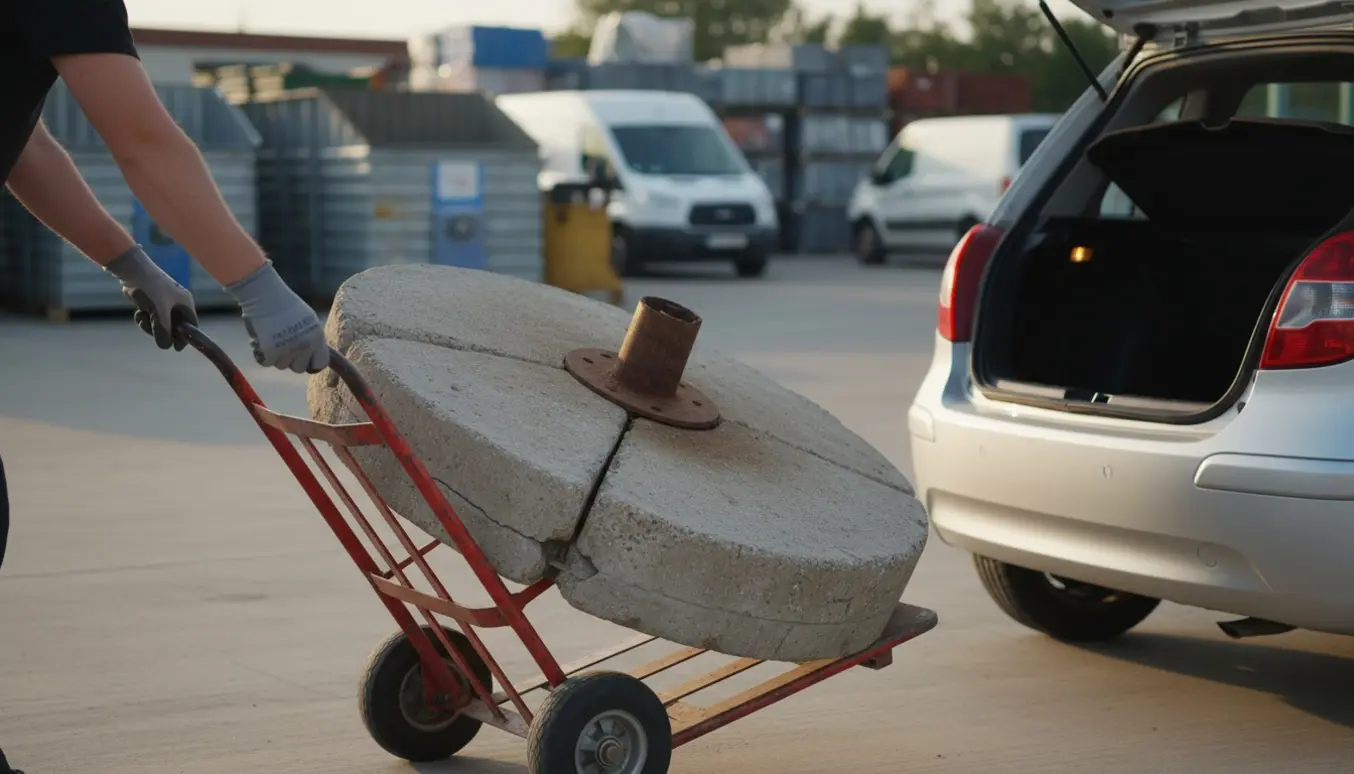 En person transporterer en tung parasolfod på en sækkevogn mod en bil ved et genbrugsområde.