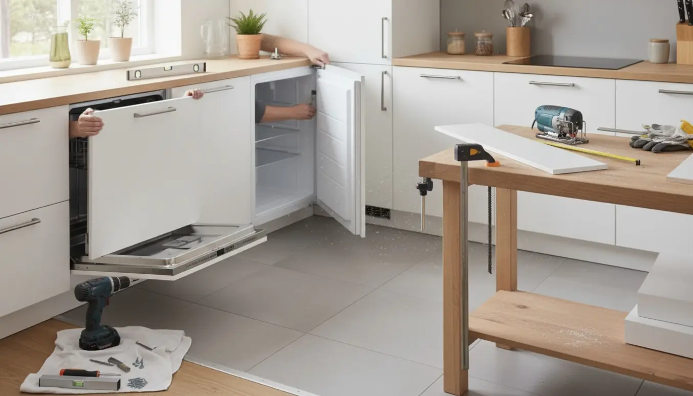 Hænder monterer en ny opvaskemaskinefront, retter en skæv fryselåge og tilpasser en sokkel i et lyst køkken.