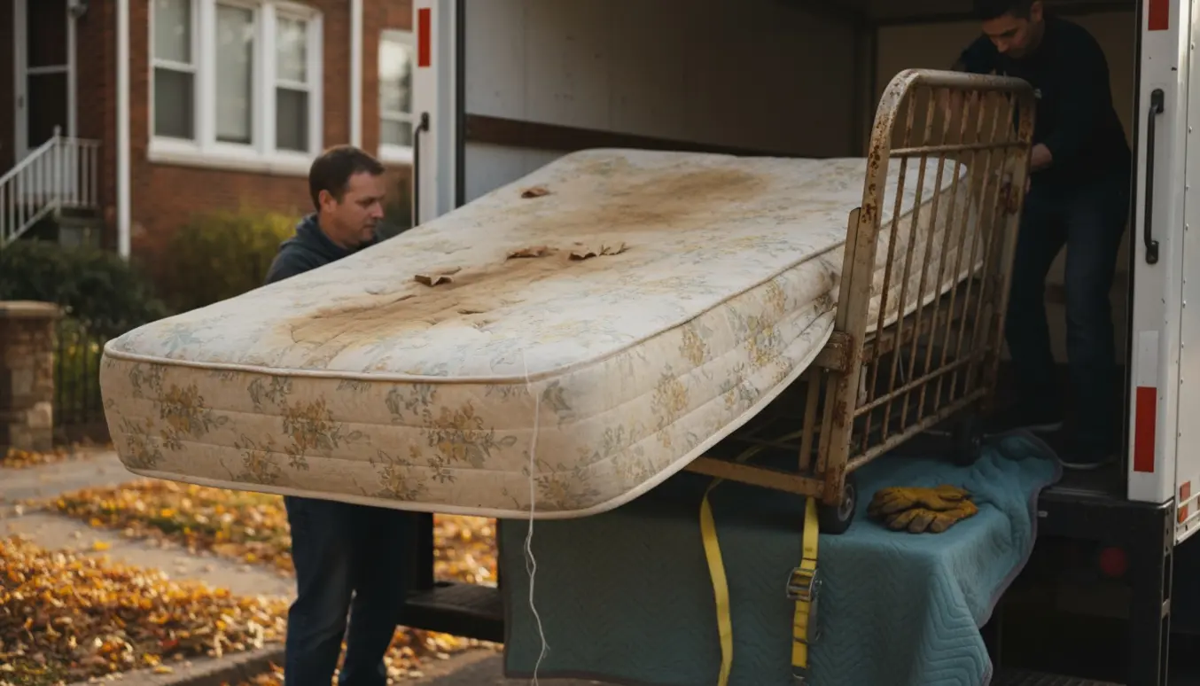 Et gammelt dobbeltsengsmadras og stel bliver båret ind i en lastbil ved fortovet klar til storskrald.