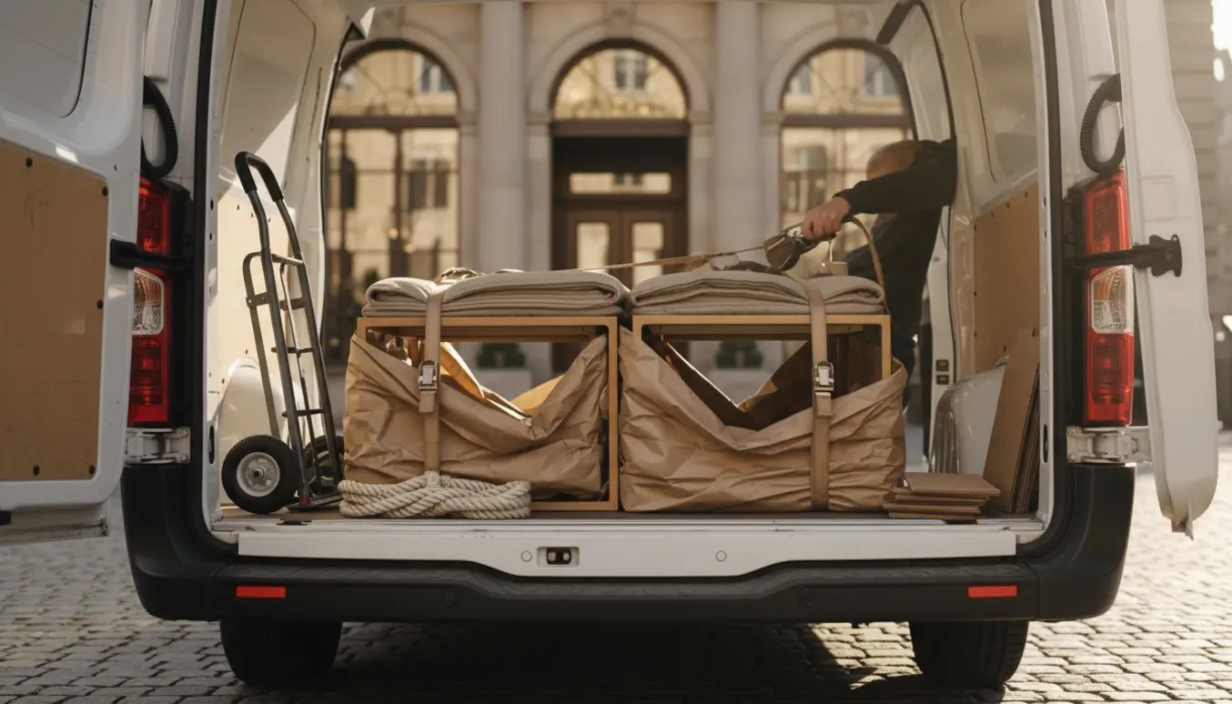 To indpakkede sofaborde i bagagerummet af en varevogn, klar til transport fra auktionshus.